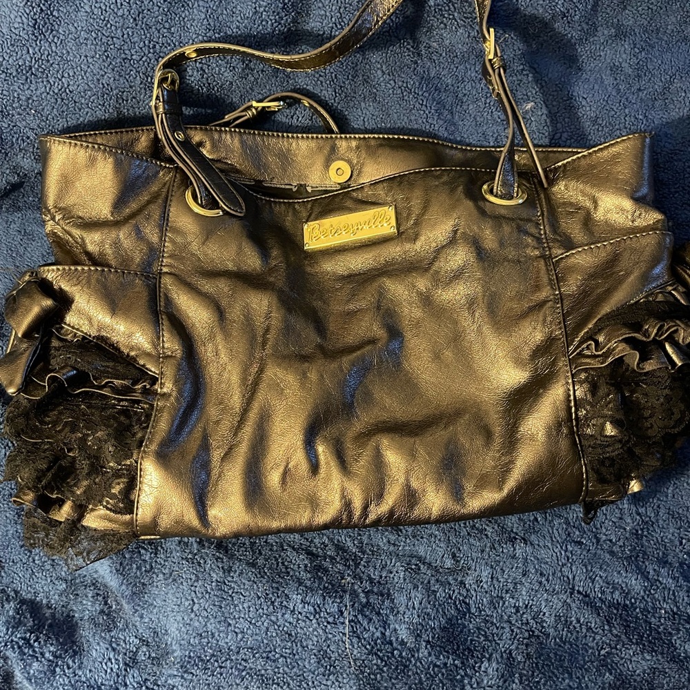 Betsey Johnson Gun metal Tote with Ruffle Accents